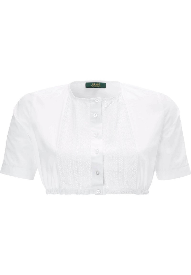 White short-sleeved blouse with a buttoned front, elasticized hem, and lace detailing along the center panel. Made of lightweight fabric.