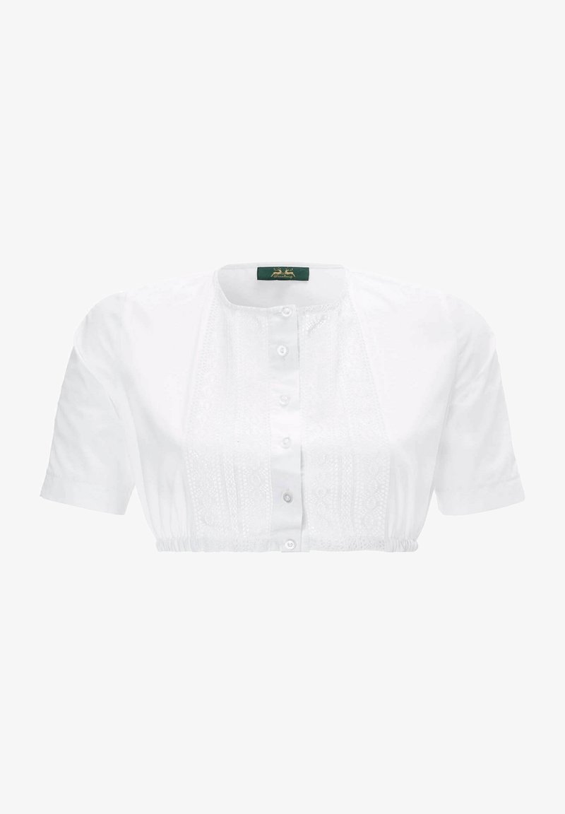 White short-sleeved blouse with a buttoned front, elasticized hem, and lace detailing along the center panel. Made of lightweight fabric.