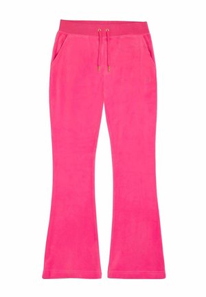 Rosa utsvängda svettbyxor i mjukt tyg, med elastisk midja med dragsko och sidofickor för bekvämlighet.