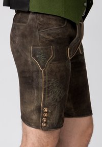 Pantaloni corti in pelle marrone con motivi ricamati verdi. Presentano una tasca laterale e dettagli con bottoni lungo l'orlo, mostrando una finitura testurizzata.