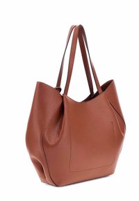 Sac fourre-tout en cuir brun avec poignées doubles, texture douce et design minimaliste. Caractéristiques de coutures subtiles et poche extérieure.