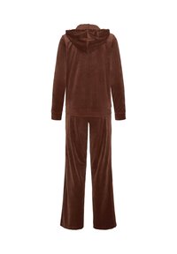 Sweat à capuche en velours marron et pantalon large assorti, vus de dos sur un fond blanc sans logo visible.