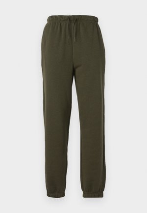 Olive green sweatpants featuring a tapered design, elastic waistband with drawstring, and elastic cuffs at the ankles. Smooth, comfortable fabric.