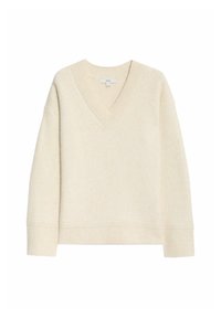 Maglione a costine color crema, con scollatura a V, maniche lunghe e una vestibilità leggermente rilassata. Presenta orlo e dettagli ai polsini a bande.