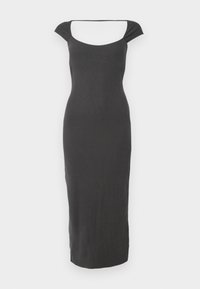 Dlouhé, přiléhavé šaty z tmavě šedé žebrované látky. Mají zakrývající rukávy a kulatý výstřih, hladký povrch a minimalistický design.