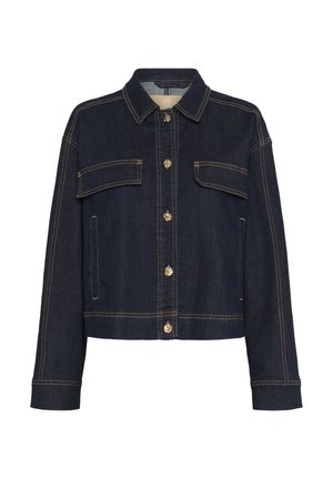 Dark denim jacket with a collar, two front pockets, and metallic buttons. Features a cropped design and contrast stitching detail.