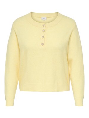 Yellow, knit sweater with a round neckline, five heart-shaped buttons down the front, and long sleeves. Soft texture, cropped fit.