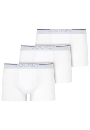 Three pairs of white men's boxer briefs with gray elastic waistbands featuring Jockey branding and a red and blue stripe detail.