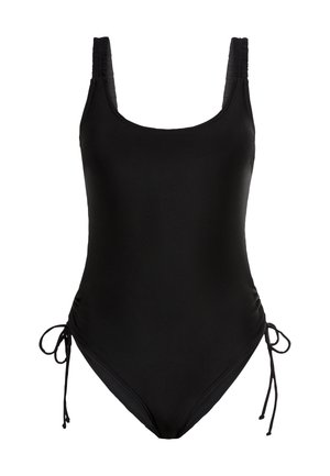 Fekete egyberészes fürdőruha sima felülettel, széles pántokkal és állítható derékmegkötőkkel. Kerek nyakkivágással és ráncolt oldalrészletezéssel rendelkezik.