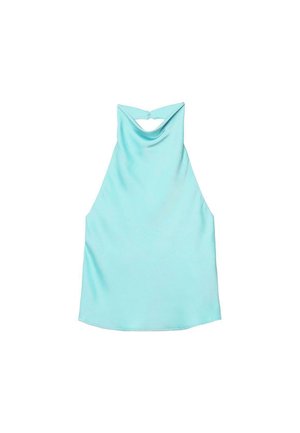 Top senza maniche in raso azzurro chiaro con collo halter, davanti drappeggiato e piccolo bottone sul retro del collo.