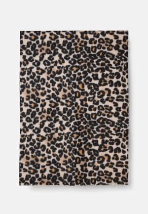 Luipaardprint textiel met een zachte, pluche textuur. Heeft zwarte, gouden en tan vlekken op een lichtbeige achtergrond. Randen zijn rafelig.