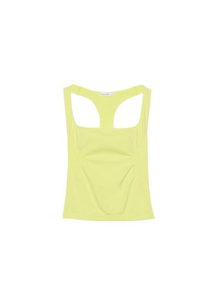 Débardeur sans manches jaune clair à dos nageur avec encolure carrée et léger fronces à l'avant sur fond blanc.