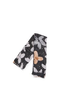 Sciarpa nera con motivi floreali astratti in grigio e marrone, accentuata da punti dorati; tessuto leggero con bordi sfrangiati.