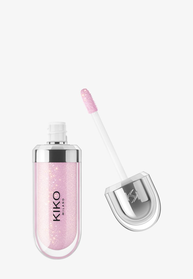 Gloss à lèvres pailleté rose brillant avec un capuchon argenté et un applicateur, portant l'inscription "KIKO MILANO" sur un fond blanc.
