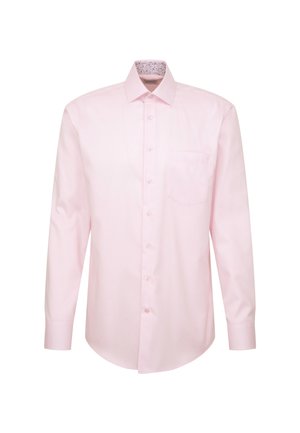 Lichtroze overhemd met lange mouwen, een gespreide kraag, een borstzak en een knoopsluiting. Textuuraccent op de binnenkraag. Glad materiaal.