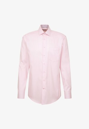 Lichtroze overhemd met lange mouwen, een gespreide kraag, een borstzak en een knoopsluiting. Textuuraccent op de binnenkraag. Glad materiaal.