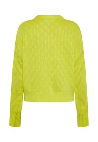 Maglione lavorato a maglia verde lime caratterizzato da un motivo testurizzato, scollatura rotonda e polsini e orlo a costine. Lunghezza cropped con design a spalla cadente.