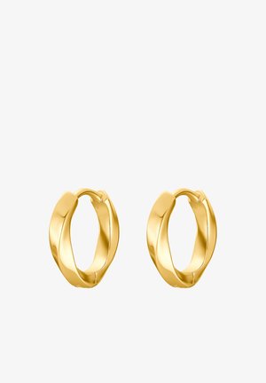 Złote kolczyki w formie obręczy z wykręconym wzorem, charakteryzujące się gładką, wypolerowaną fakturą oraz bezszwowym mechanizmem zapięcia.