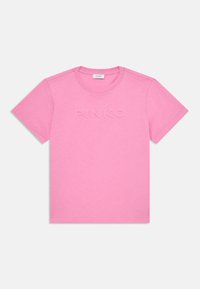 Różowy bawełniany t-shirt z krótkimi rękawami i okrągłym dekoltem. Na przodzie znajduje się wytłoczone logo "PINKO". Gładka struktura, podstawowy krój.