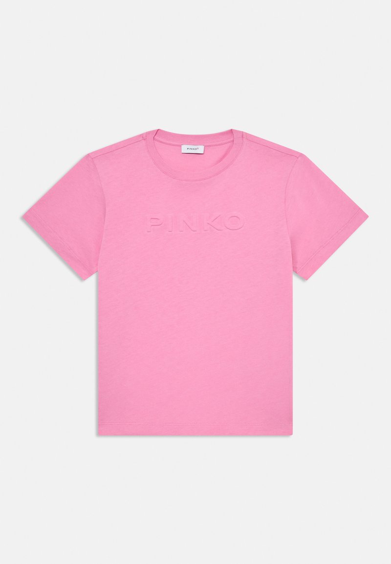 Różowy bawełniany t-shirt z krótkimi rękawami i okrągłym dekoltem. Na przodzie znajduje się wytłoczone logo "PINKO". Gładka struktura, podstawowy krój.