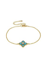 Guldarmband med ett turkos blommotiv i mitten, dekorerat med små klara stenar och en justerbar låsning.