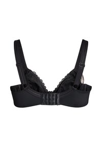 Melna krūšturis ar viļņotu mežģīņu apdari augšpusē, regulējamiem siksniņām un daudzpunktu aizmugurējo aizdari, lai pielāgotu izmēru.