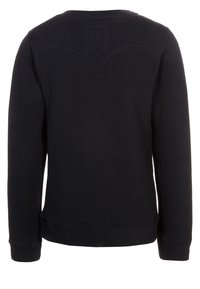Schwarzer Pullover mit langen Ärmeln, Rundhalsausschnitt und gerippten Bündchen. Verfügt über eine strukturierte Rückseite mit geschwungenen Nahtdetails. Weiches Stofffinish.