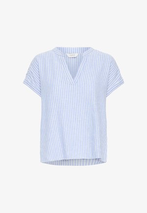 Hellblaue Bluse mit kurzen Ärmeln, vertikalen weißen Streifen, V-Ausschnitt und lockerem Schnitt.