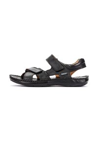 Svarta lädersandaletter med justerbara Velcro-remmar, öppen design, texturerad sula samt sydda detaljer för hållbarhet och komfort.