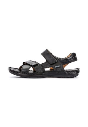 Zwarte leren sandalen met verstelbare klittenbandsluitingen, open ontwerp, gestructureerde zool en gestikte accenten voor duurzaamheid en comfort.
