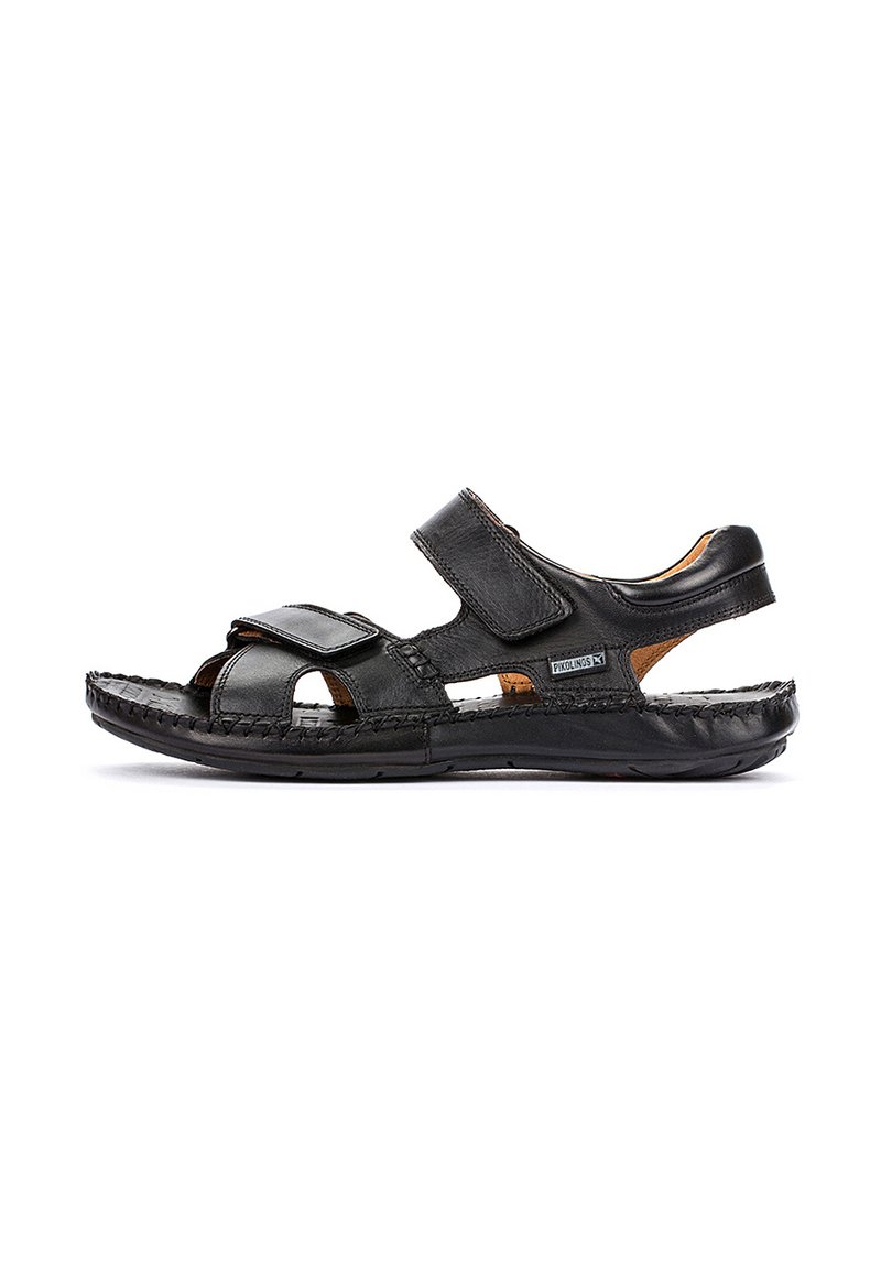 Svarta lädersandaletter med justerbara Velcro-remmar, öppen design, texturerad sula samt sydda detaljer för hållbarhet och komfort.