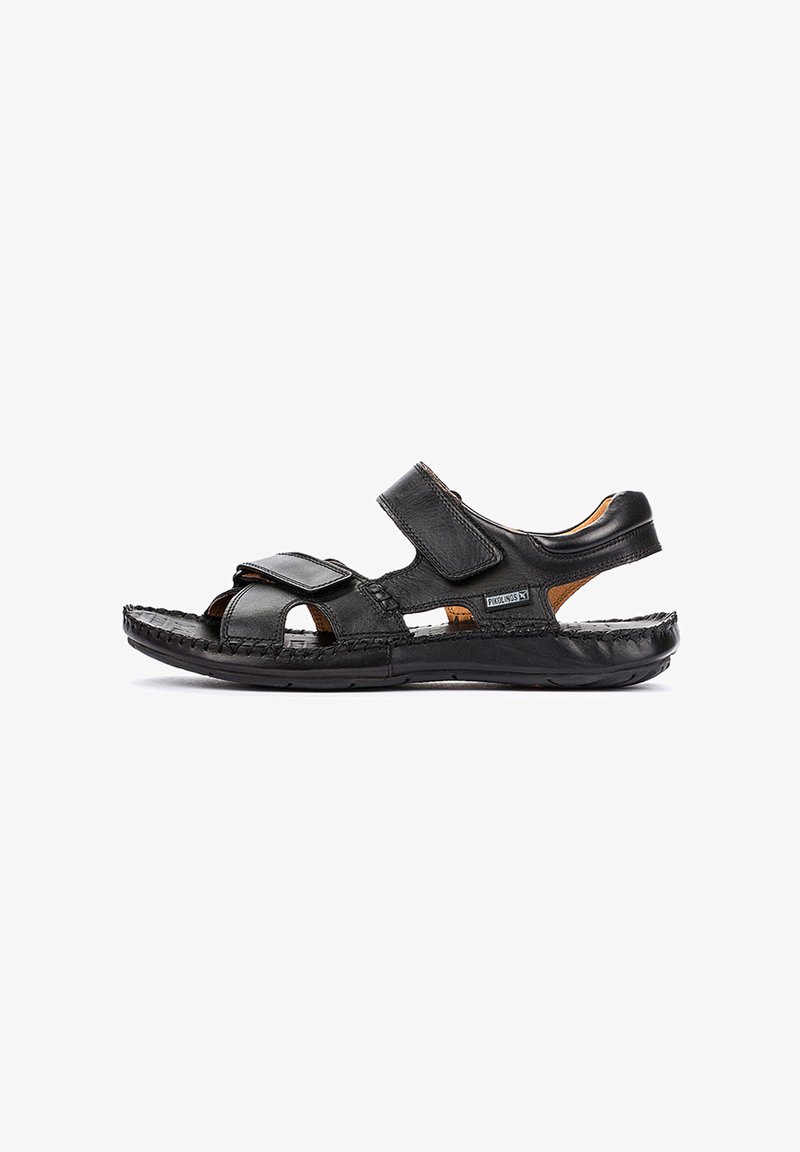 Black leather sandals with adjustable Velcro straps, open design, textured sole, and stitched accents for durability and comfort.