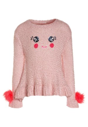 Rosa gestrickter Pullover mit einem Smiley-Design, das mit Pailletten verziert ist, Rippbündchen und flauschigen rosa Bommel an den Ärmeln.