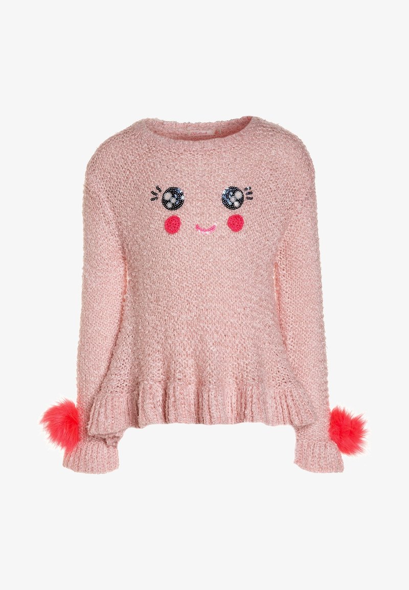 Pull rose en maille avec un motif visage souriant orné de paillettes, des poignets côtelés et des pompons roses duveteux sur les manches.