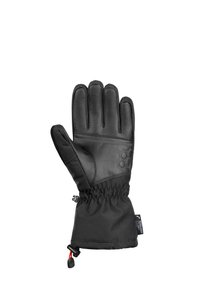 Zwarte handschoenen met een leren handpalm met textuur voor grip, een stoffen manchet, een elastische band en een verstelbare trekband voor een snug fit.