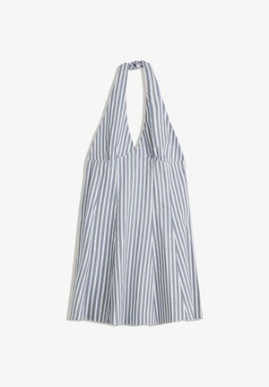 Abito senza maniche a righe blu e bianche, caratterizzato da un profondo scollo a V e una silhouette fluida con una vita arricciata. Tessuto leggero e morbido al tatto.