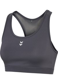 Sportbh van donkergrijs stof met een gladde textuur. Heeft een racerback ontwerp en een klein wit logo aan de voorkant.