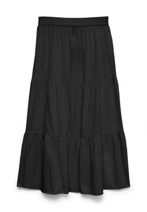 Jupe midi noire à volants avec taille élastique et parties de tissu fluides.