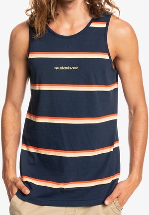 Navy blue tank top with horizontal stripes in orange, cream, and yellow. Features a round neck and Quiksilver logo on the chest. Soft cotton fabric.