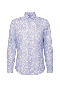 Chemise à manches longues boutonnée avec motif floral violet clair et blanc et col pointu sur fond blanc.