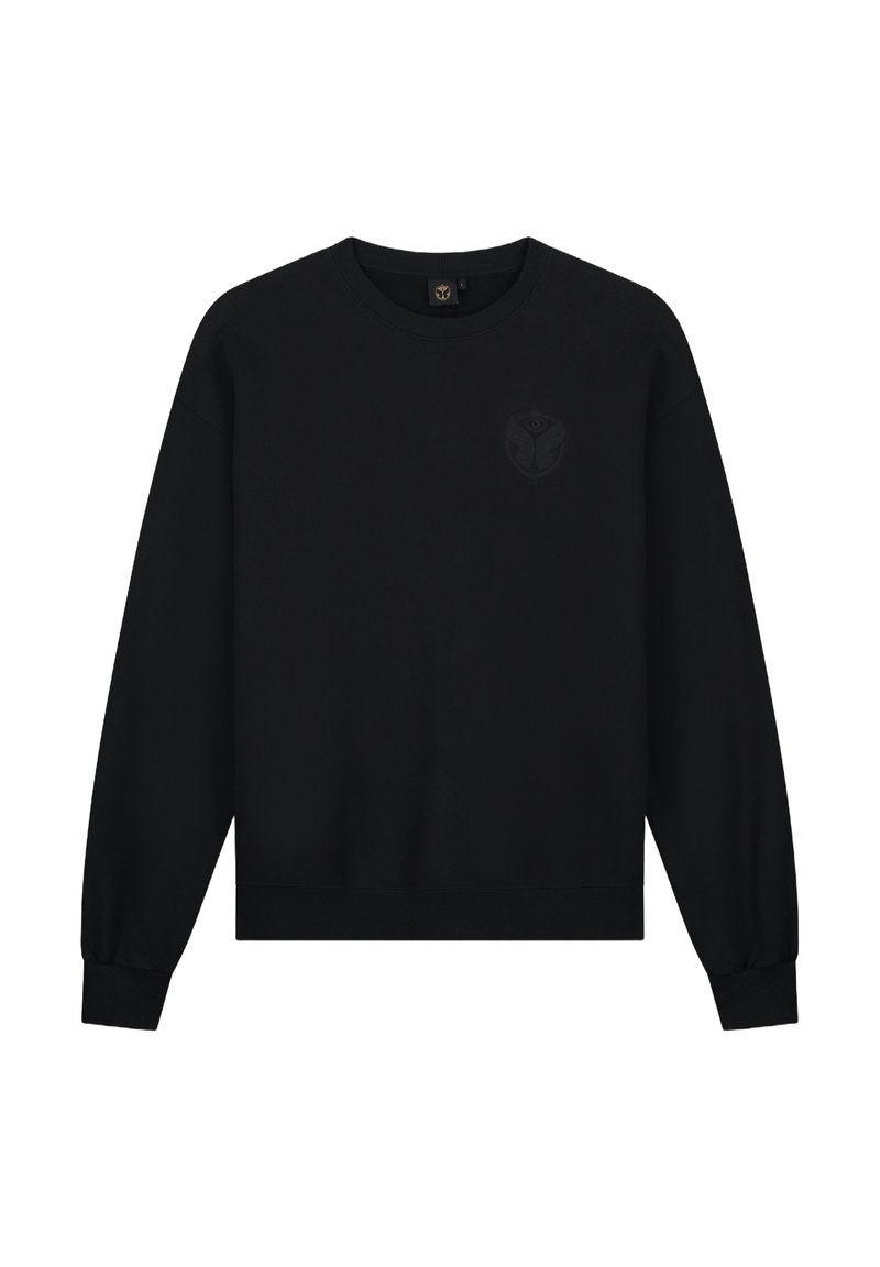 Zwarte sweatshirt van een katoenmix, met een ronde hals, lange mouwen, geribbelde manchetten en een subtiel geperst logo op de borst.