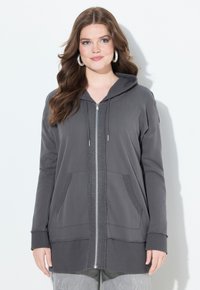 Gray zip-up hoodie with a relaxed fit, slouchy hood, front pockets, and ribbed cuffs. Soft fabric with a slightly textured surface.