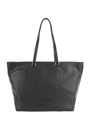 Sort læder tote taske med lange håndtag og præget "JOOP! JEANS" logo midt på forsiden.