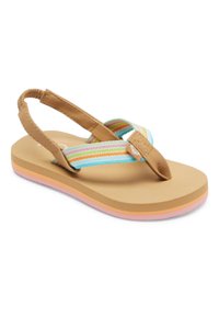 Bruine flip-flop sandaal met veelkleurige gestreepte stoffen banden en een gevoerde zool met roze en beige accenten.