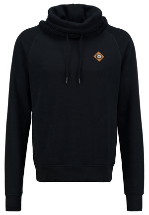 Sort langærmet hættetrøje med høj tragtformet hals, snore, frontlomme og lille brunt diamantlogo-patch på venstre bryst.