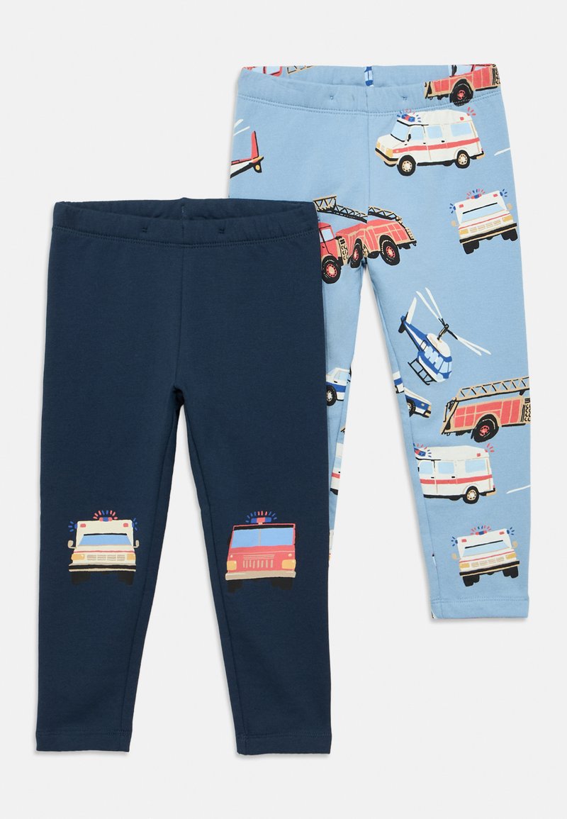 Δύο ζευγάρια παιδικά κολάν: ένα σε ναυτικό μπλε με γραφικά οχημάτων έκτακτης ανάγκης και ένα σε ανοιχτό μπλε με διάφορα μοτίβα οχημάτων.