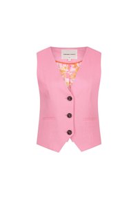 Roze linnen mouwloze vest met een V-hals, voorzien van zwarte knopen en voorzakken. Bloemenpatroon aan de binnenvoering.