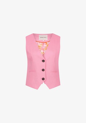 Roze linnen mouwloze vest met een V-hals, voorzien van zwarte knopen en voorzakken. Bloemenpatroon aan de binnenvoering.