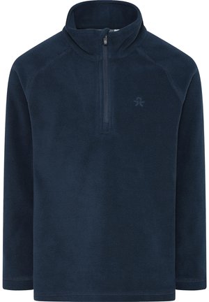 Pullover in pile blu navy con collo a mezza zip, maniche lunghe e un logo discreto. Tessuto morbido con una finitura liscia, ideale per essere indossato a strati.
