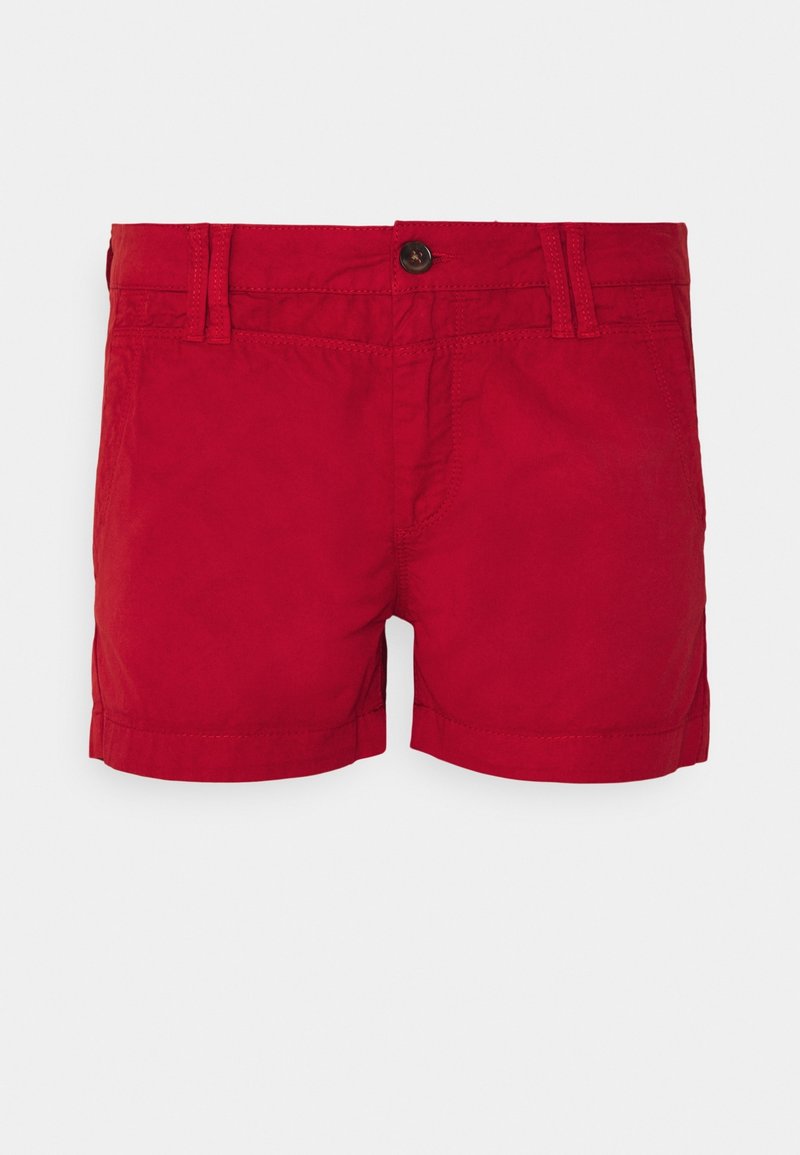 Červené bavlněné šortky s knoflíkovým zapínáním, poutky na opasek a bočními kapsami. Látka má hladkou texturu s lemovaným zakončením.